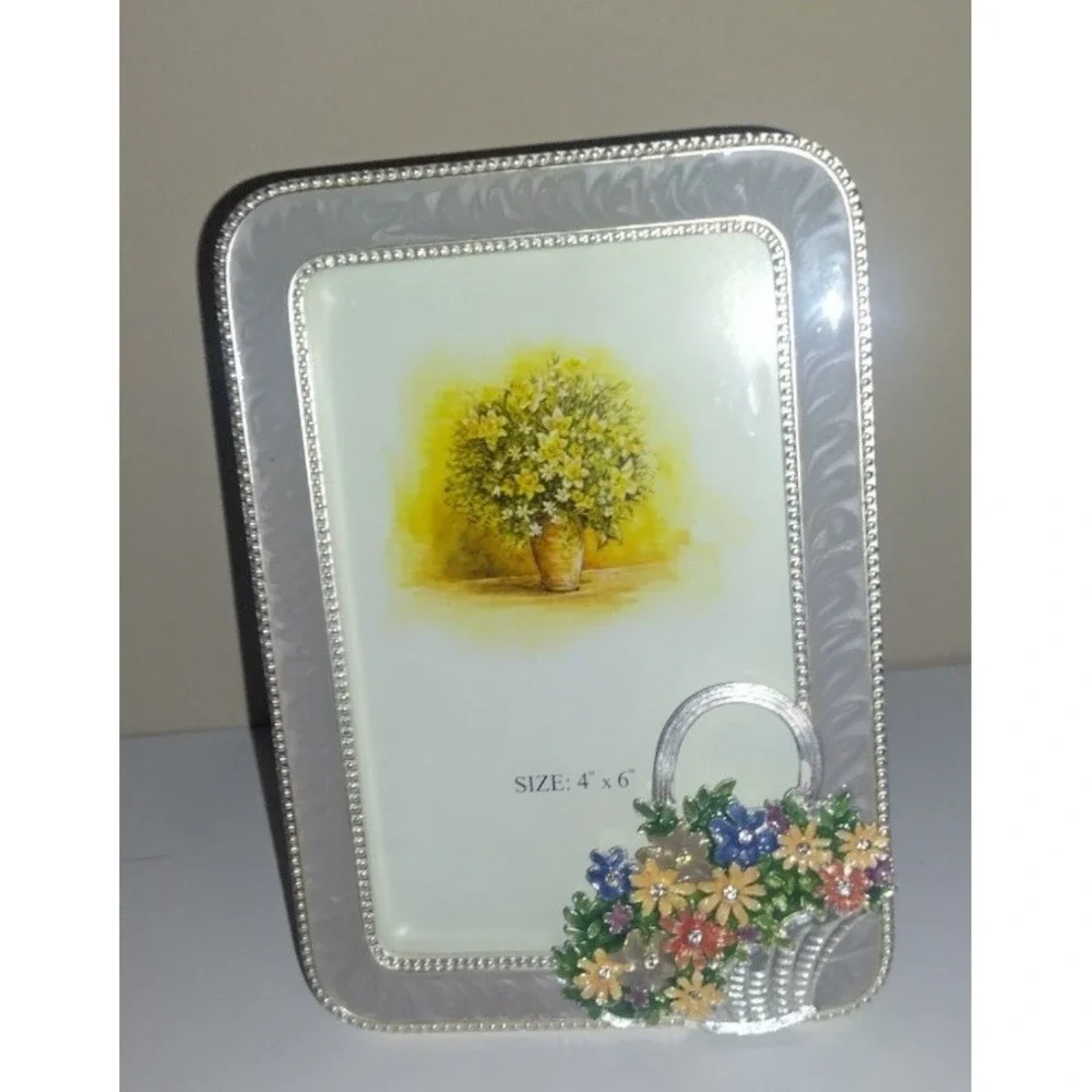 Silver 4x6 Picture Frame with Enamel Flower Basket Decorative Floral Photo frame